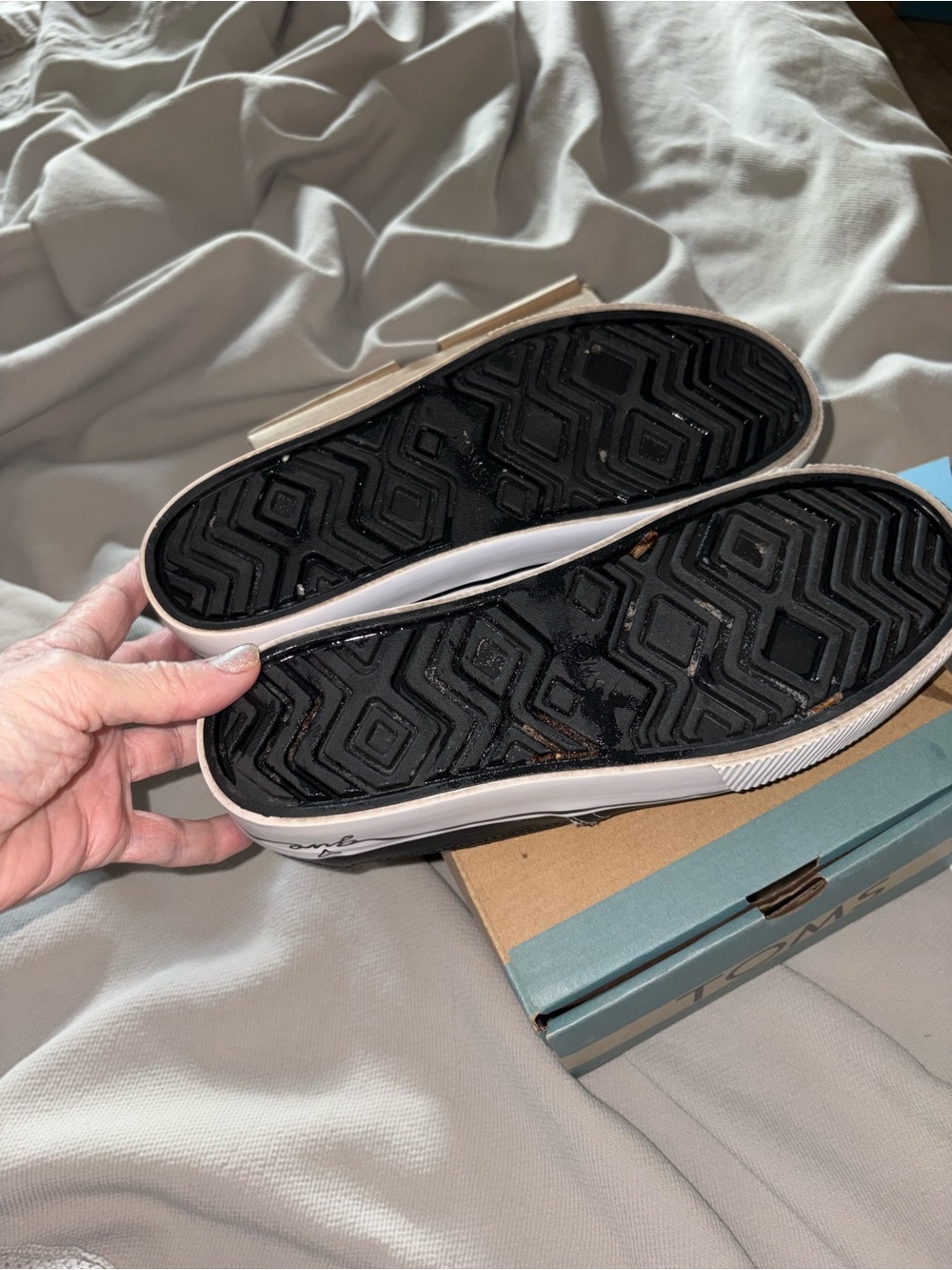 TOMS White Canvas Slip-On Shoes with Black Trim - Picture 4 of 7
